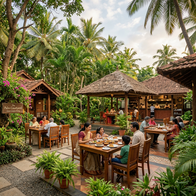 Palm Resort green campus and cottage seating
